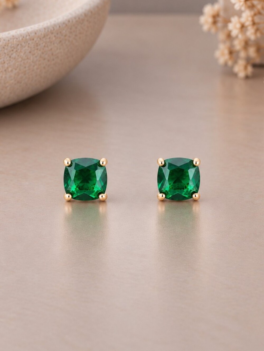 Gold Green Cushion-Cut Stud Earrings